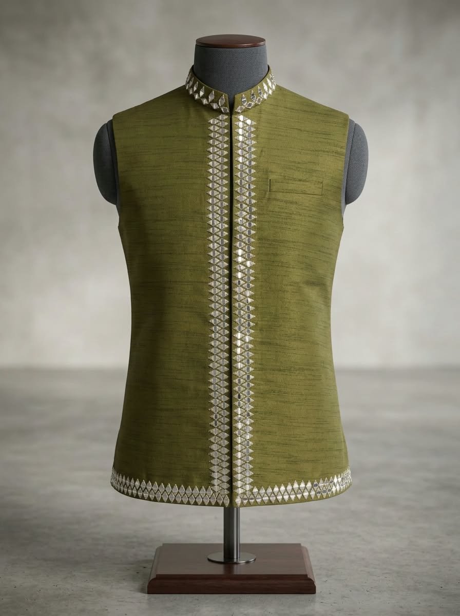 Bottle Green Mirror Work Waistcoat